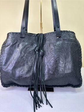 Carla Mancini Monterey Handtooled Italian Leather floral embossed whipstitched